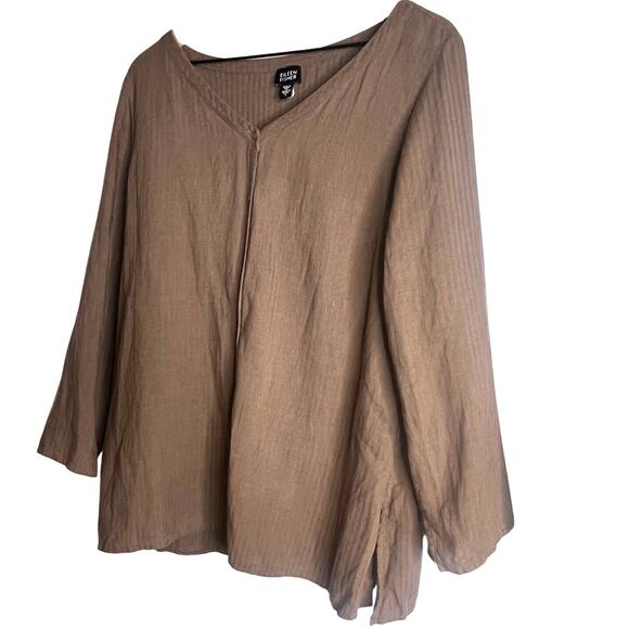 Eileen Fisher Brown Textured Striped Linen Button Top Large Lagen Lagenlook Boho - Picture 3 of 8